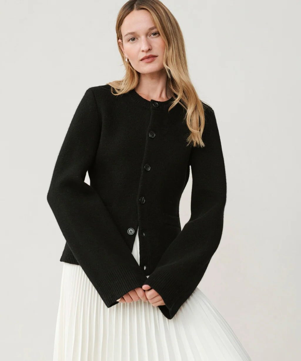 Crew-Neck Cardigan with Contrast Buttons - Black