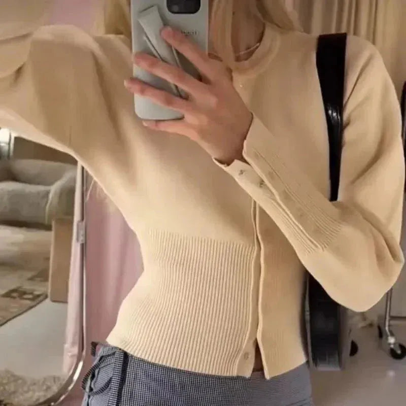 Cropped Ribbed Button-Front Cardigan - Beige