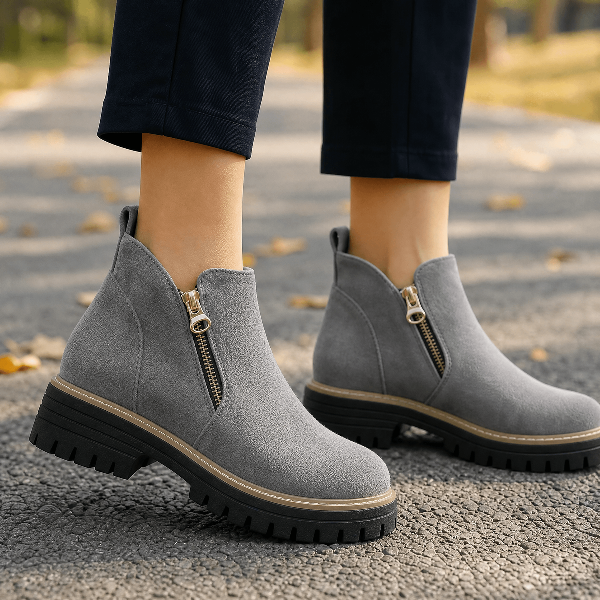 Chelsea Boots mit Reißverschluss und runder Spitze für Damen - Grau