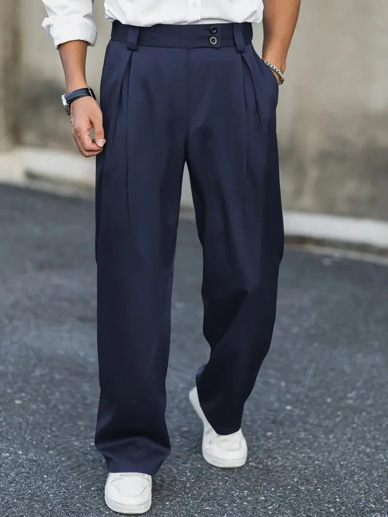 Chino Hose mit weitem Bein und Bundfalten für Herren - Marineblau