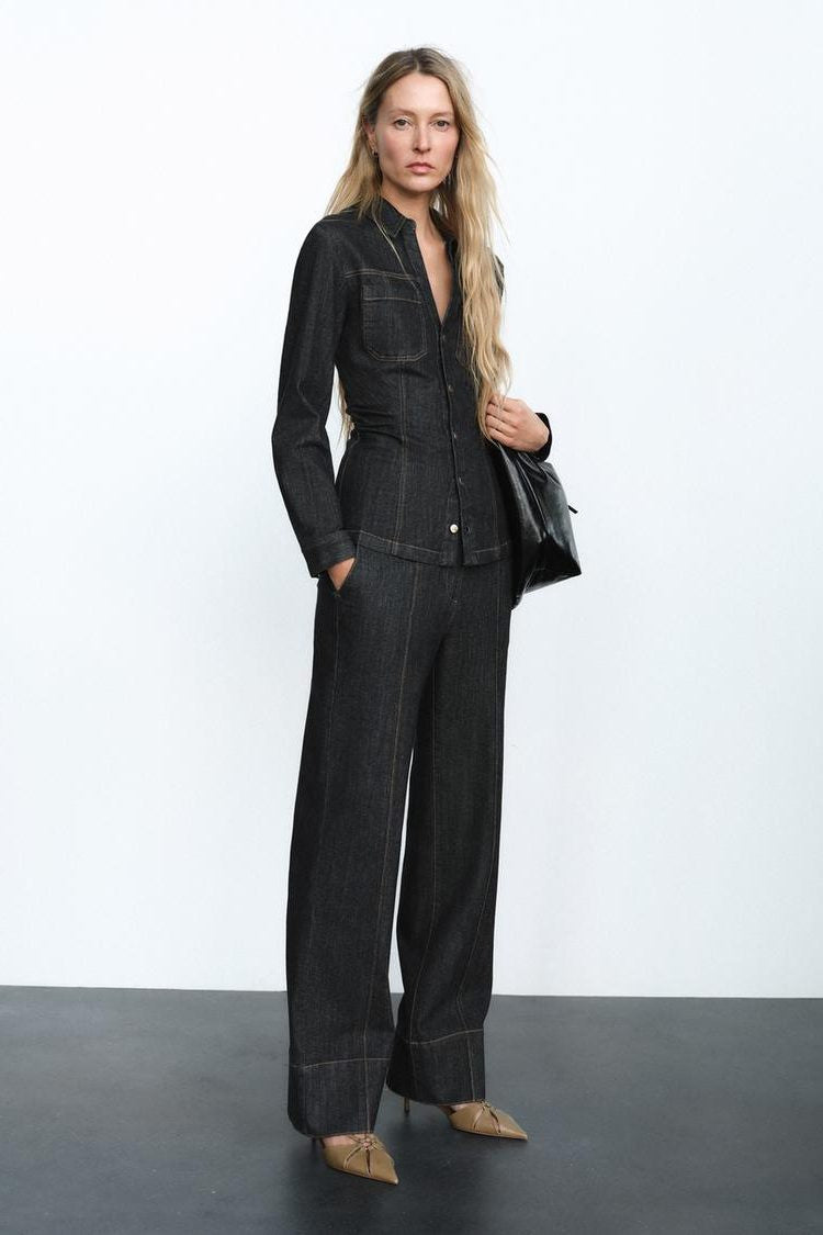 Denim Shirt and Straight-Leg Trouser Co-Ord - Black
