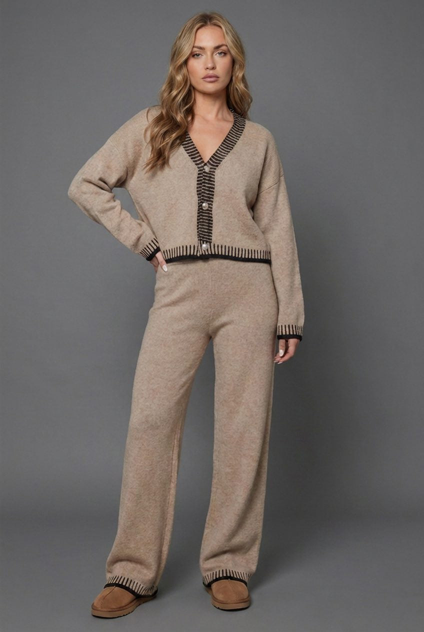 Knitted Cardigan and Wide-Leg Trouser Co-Ord - Khaki