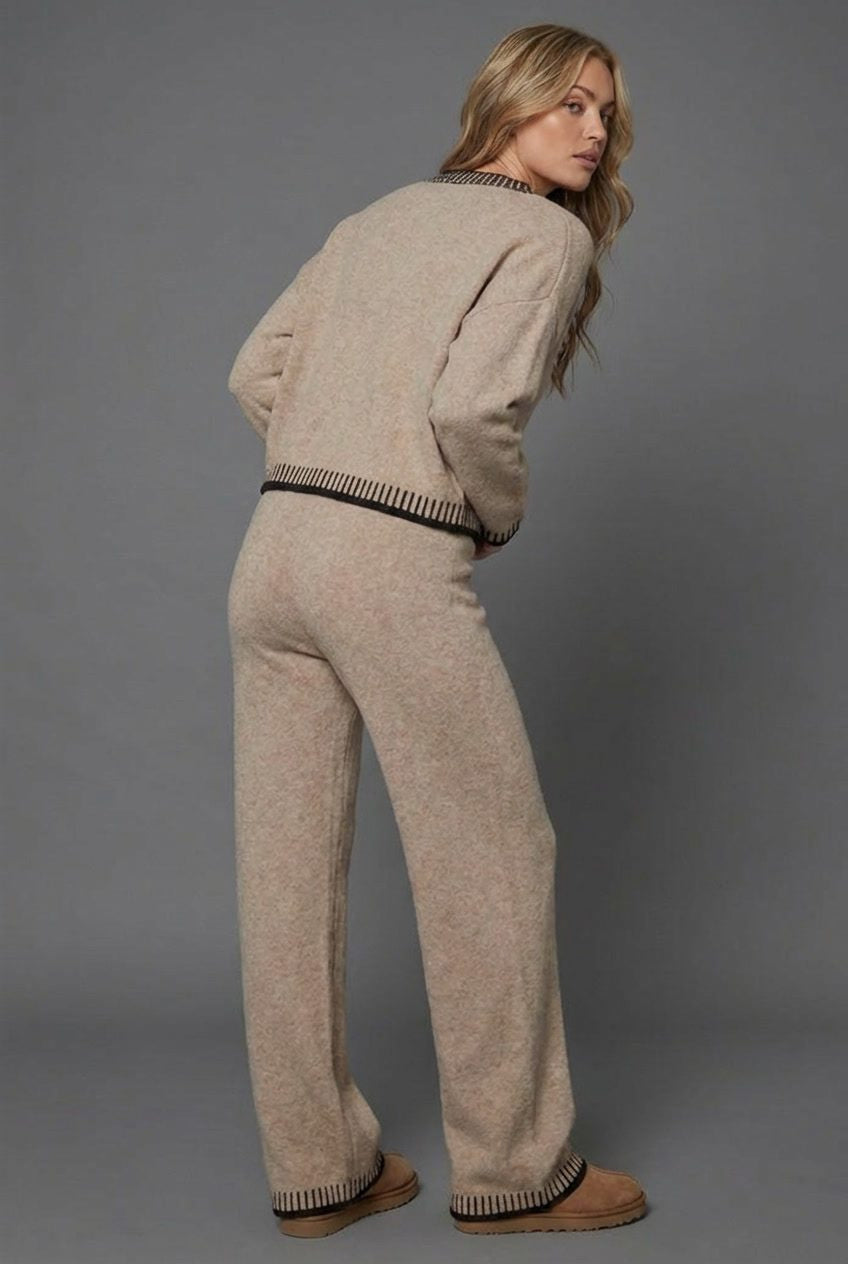 Knitted Cardigan and Wide-Leg Trouser Co-Ord - Khaki