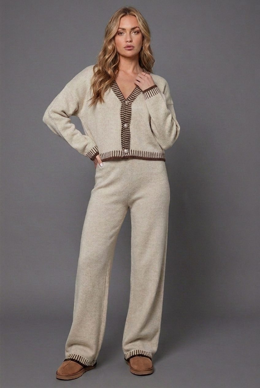 Knitted Cardigan and Wide-Leg Trouser Co-Ord - Beige