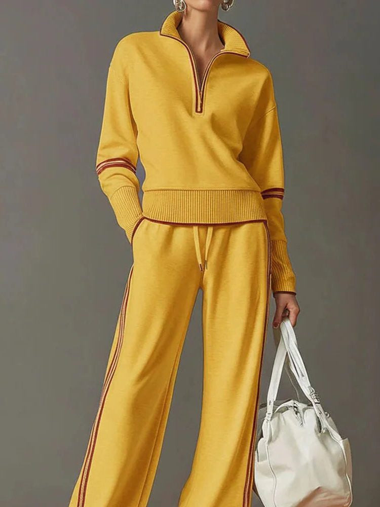 Quarter-Zip Knit Top and Wide-Leg Trouser Co-Ord - Yellow