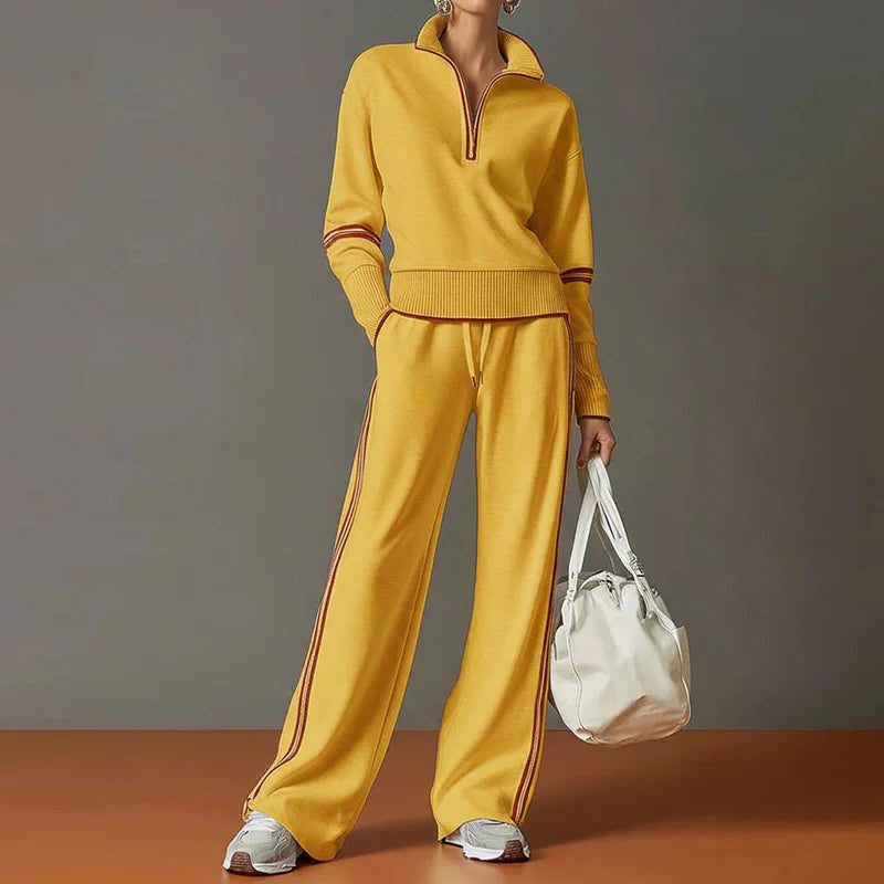 Quarter-Zip Knit Top and Wide-Leg Trouser Co-Ord - Yellow