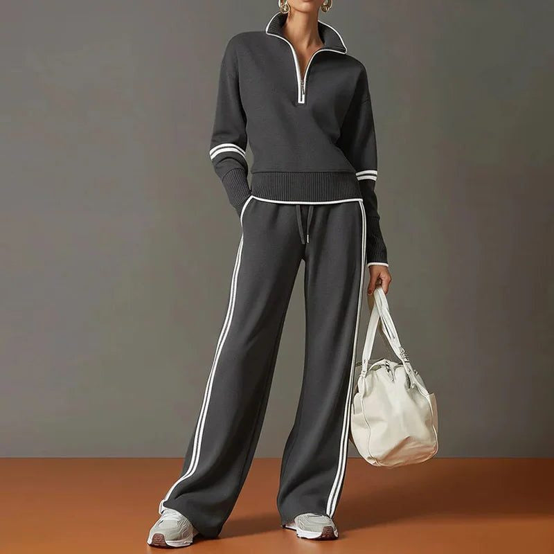 Quarter-Zip Knit Top and Wide-Leg Trouser Co-Ord - Grey