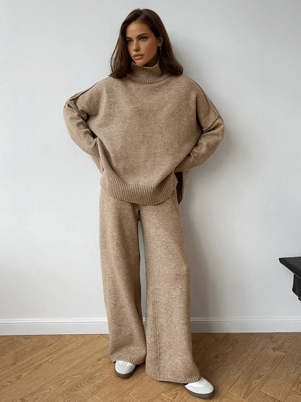 Oversized Roll-Neck Knit Co-Ord with Wide-Leg Trousers - Brown