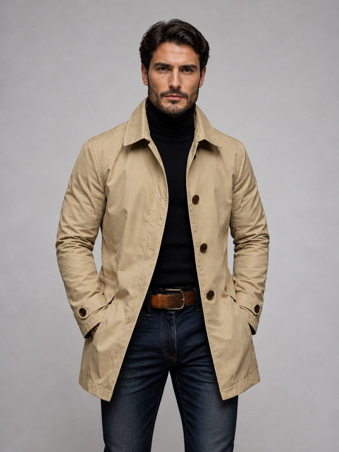 Single-Breasted Trench Coat with Angled Pockets - Beige