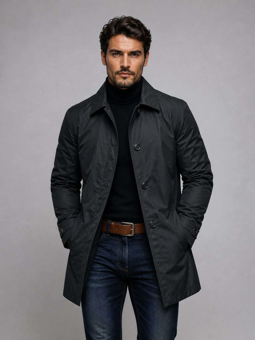 Single-Breasted Trench Coat with Angled Pockets - Black