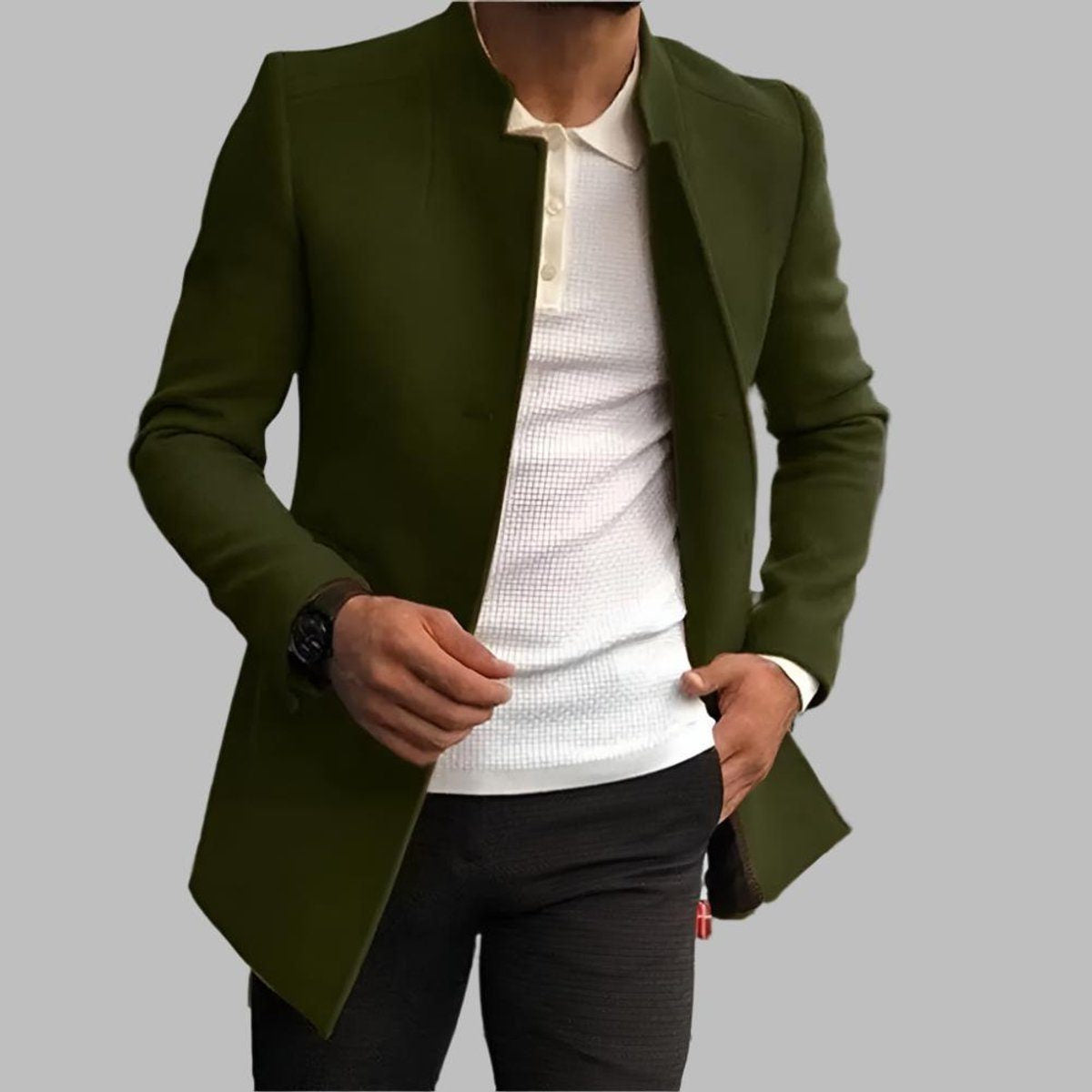 Stand-Collar Button-Front Tailored Jacket - Green
