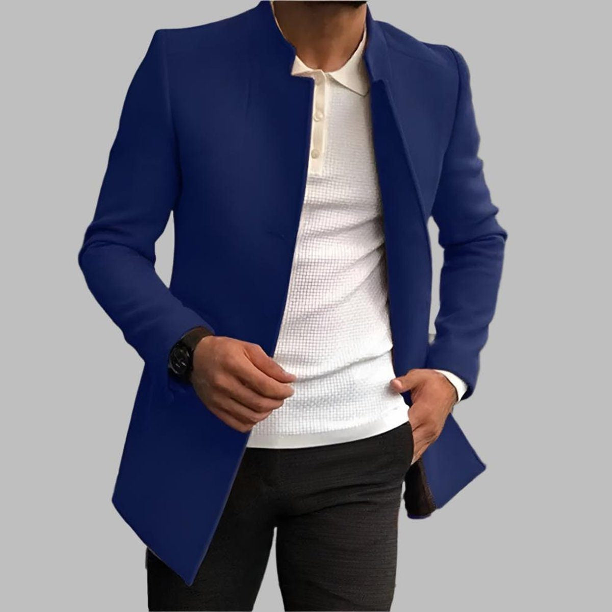 Stand-Collar Button-Front Tailored Jacket - Blue