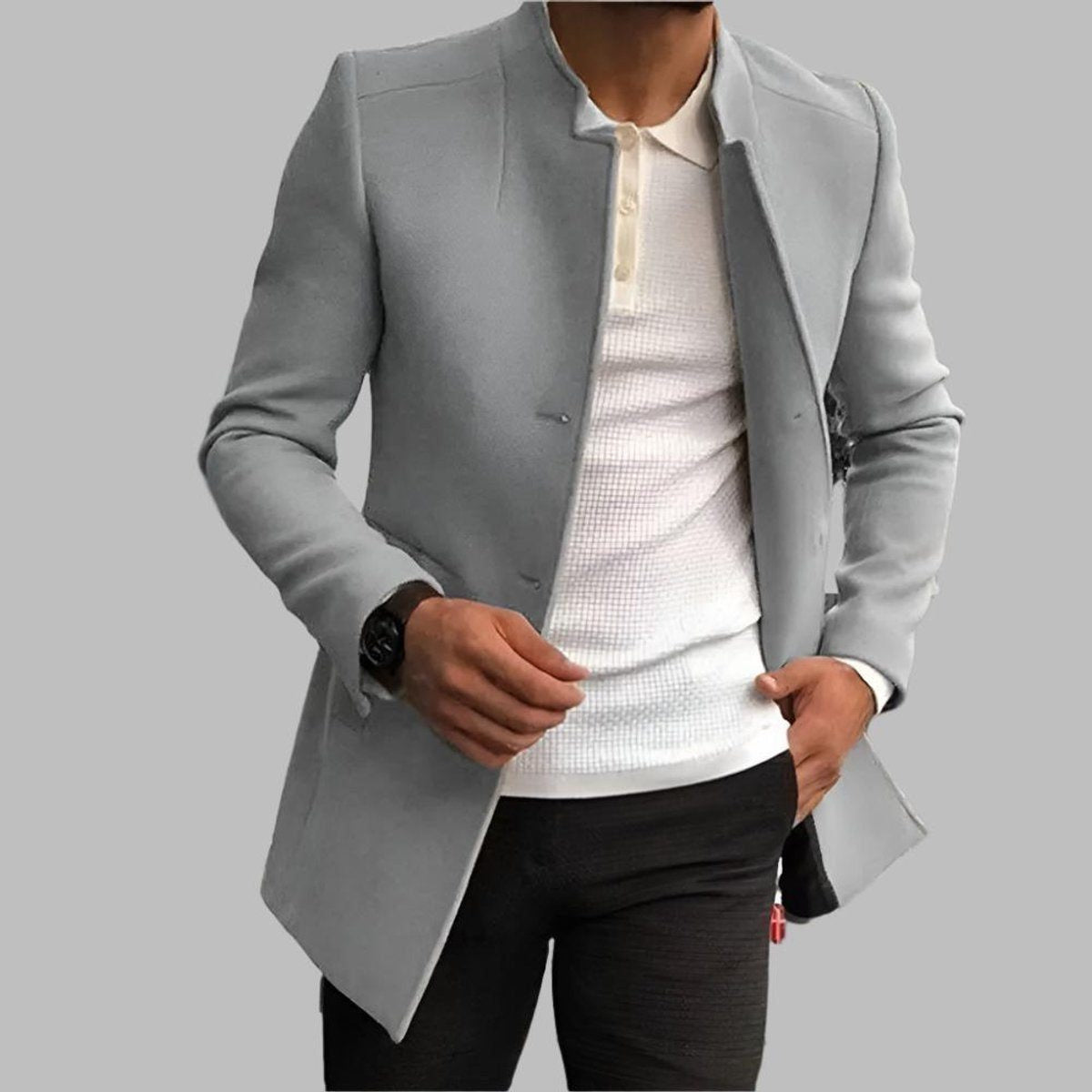 Stand-Collar Button-Front Tailored Jacket - Grey