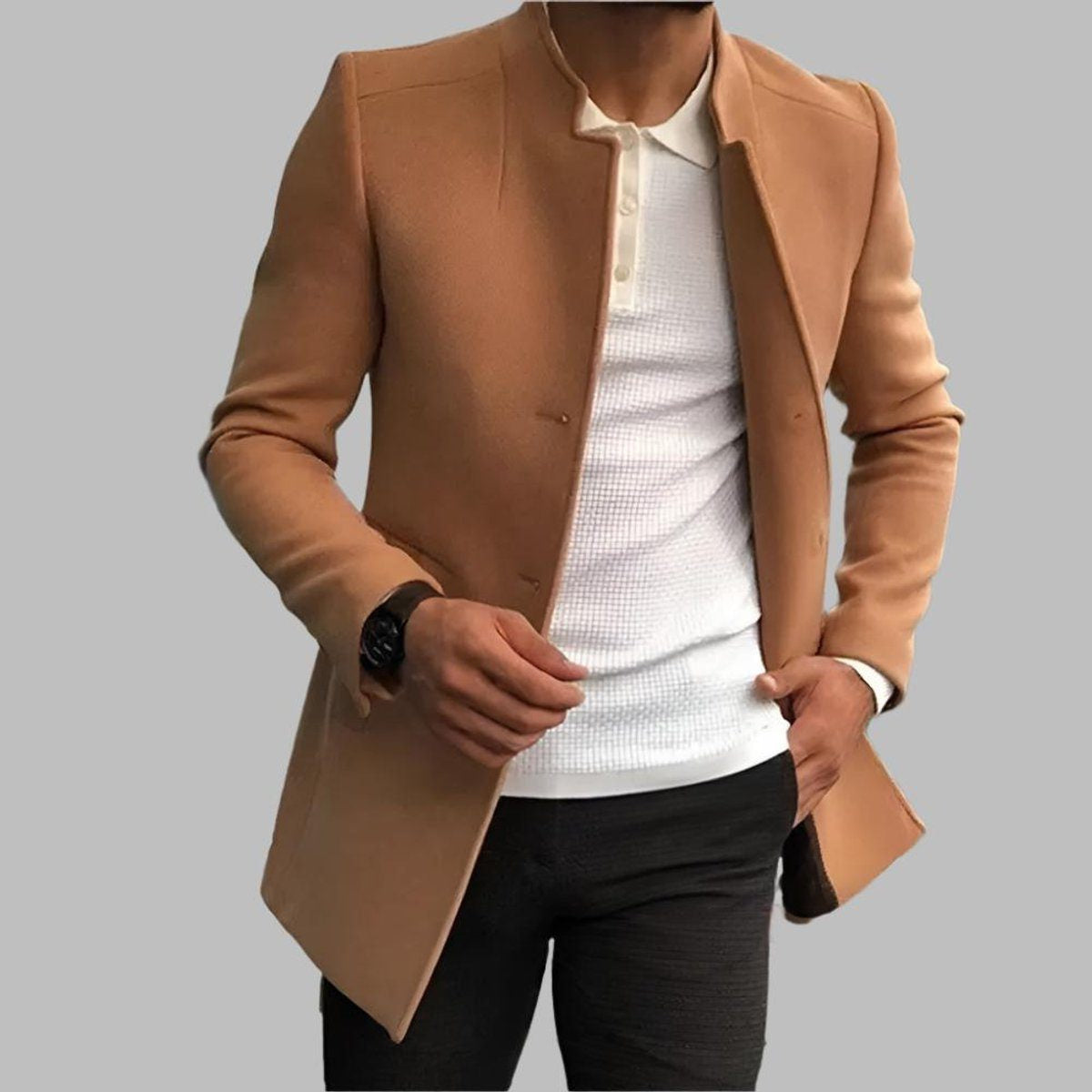 Stand-Collar Button-Front Tailored Jacket - Caramel