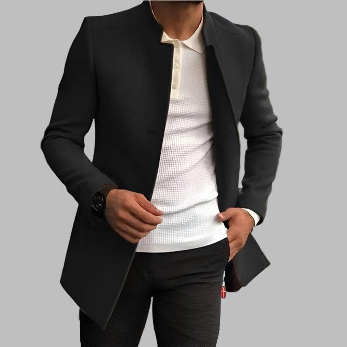 Stand-Collar Button-Front Tailored Jacket - Black