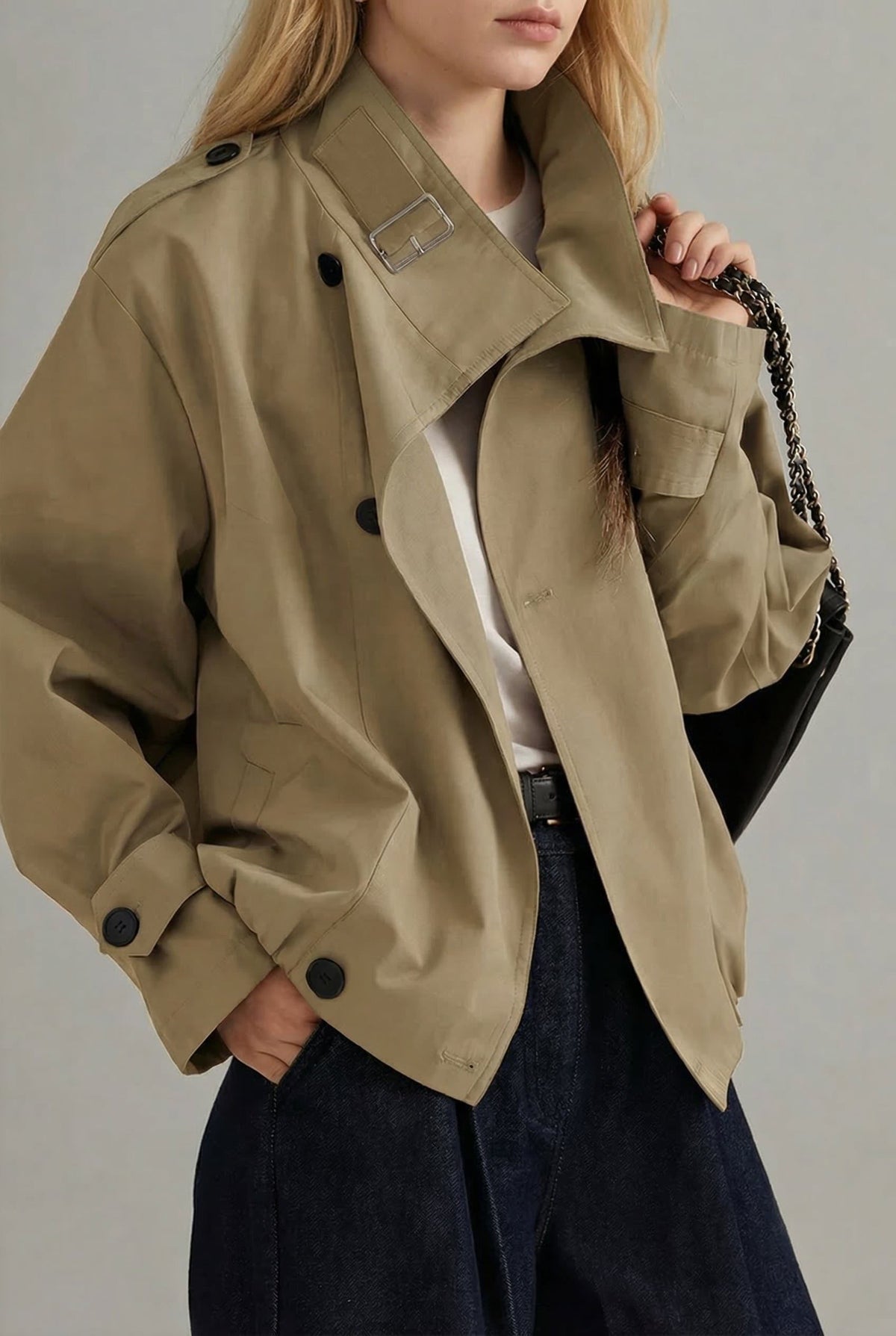 Oversized Short Trench Jacket with Cuff Tabs - Khaki