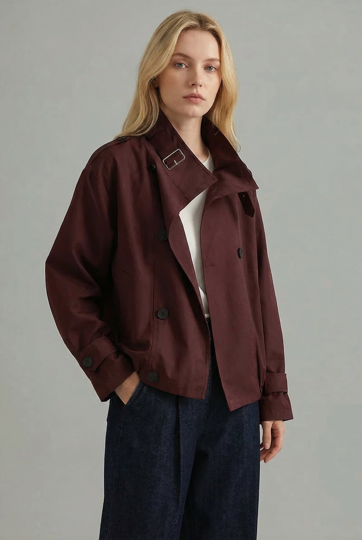 Oversized Short Trench Jacket with Cuff Tabs - Crimson