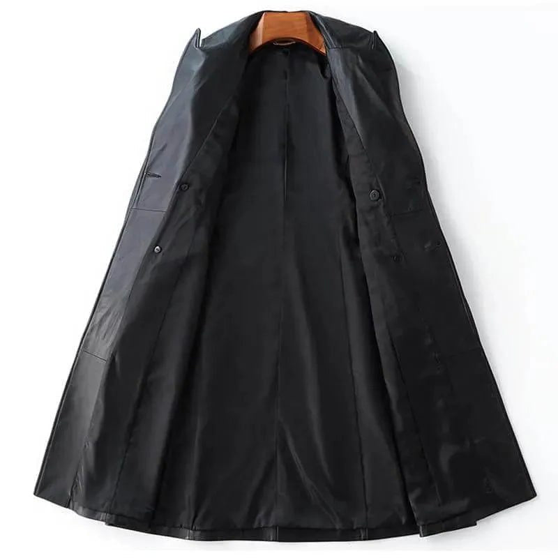 Leather-Look Trench Coat with Wide Buckled Belt - Black