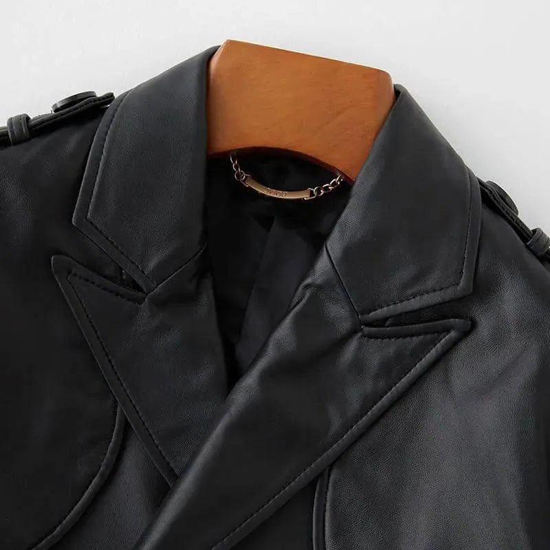 Leather-Look Trench Coat with Wide Buckled Belt - Black