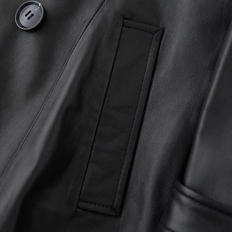 Leather-Look Trench Coat with Wide Buckled Belt - Black