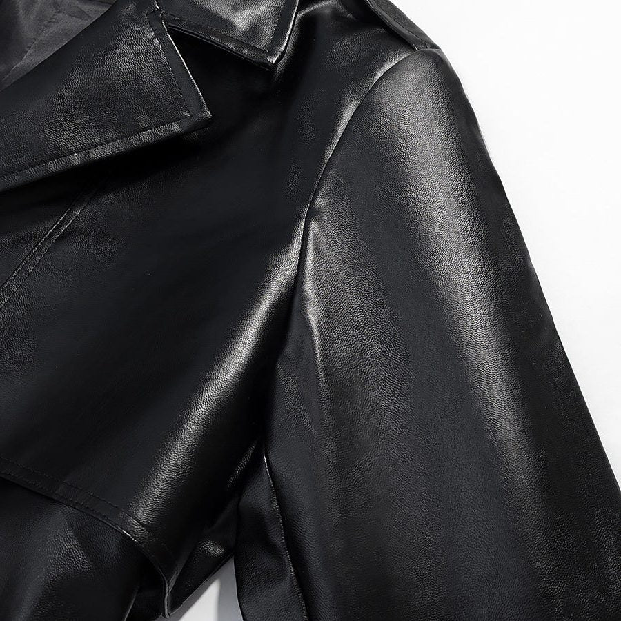 Button-Front Leather-Look Trench Coat with Belt - Black