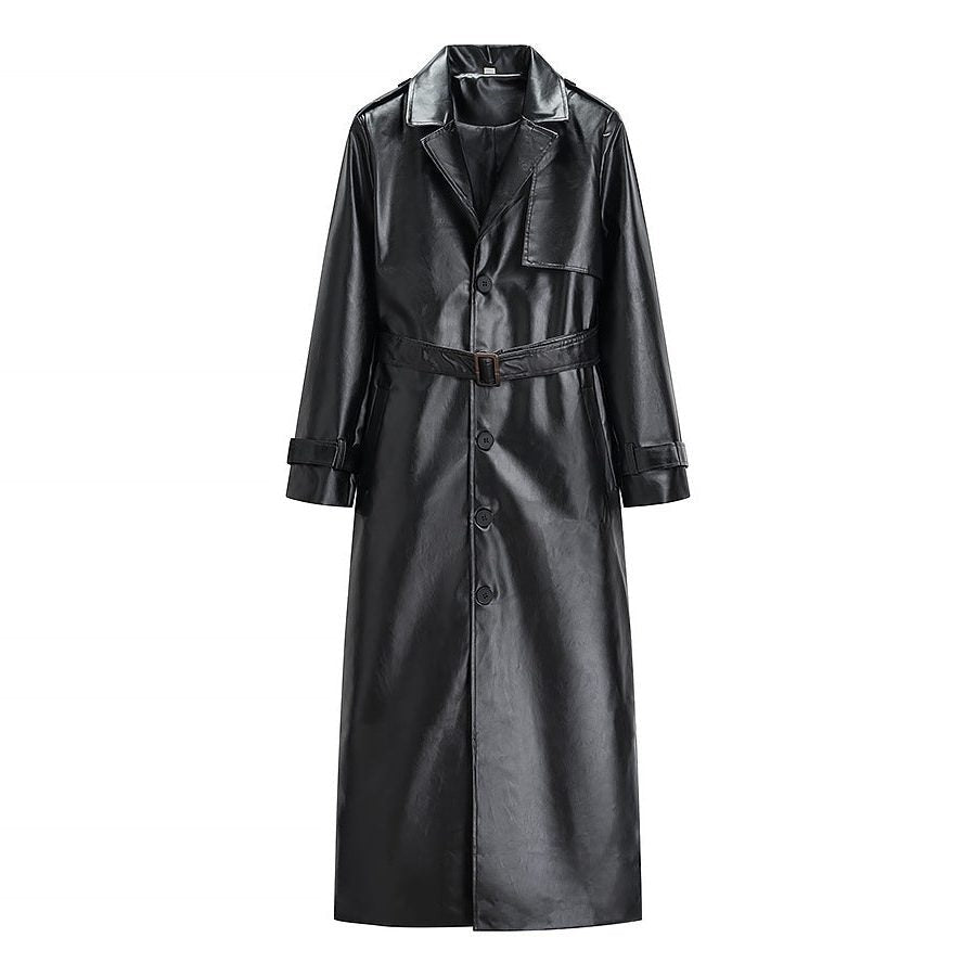 Button-Front Leather-Look Trench Coat with Belt - Black