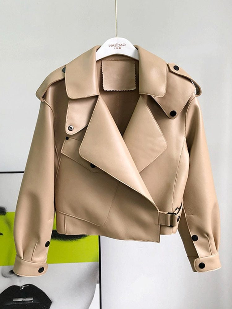 Cropped Leather-Look Biker Trench Jacket - Light Brown