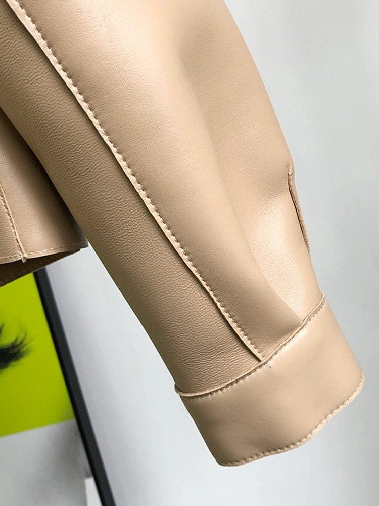 Cropped Leather-Look Biker Trench Jacket - Light Brown