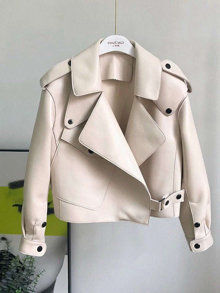 Cropped Leather-Look Biker Trench Jacket - Beige