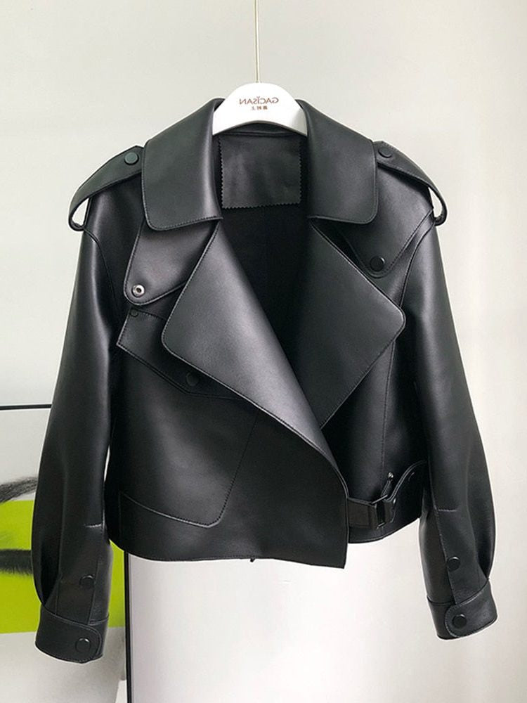 Cropped Leather-Look Biker Trench Jacket - Black