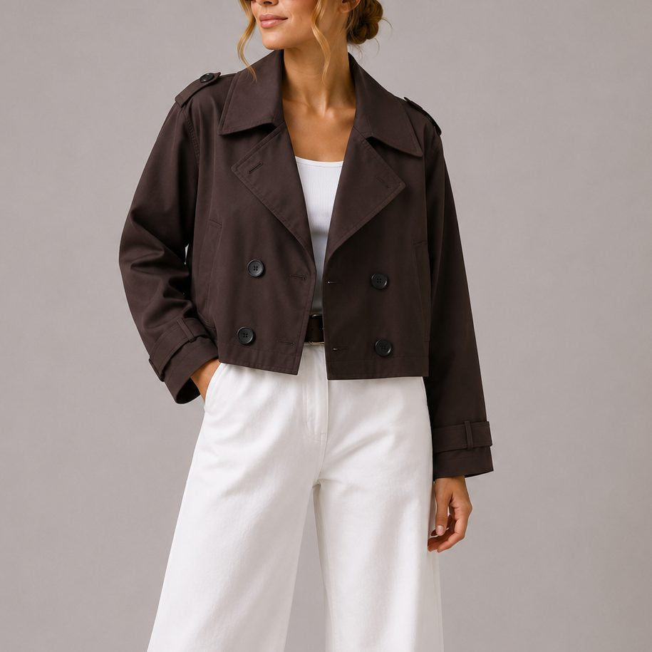 Cropped Double-Breasted Trench Jacket - Brown