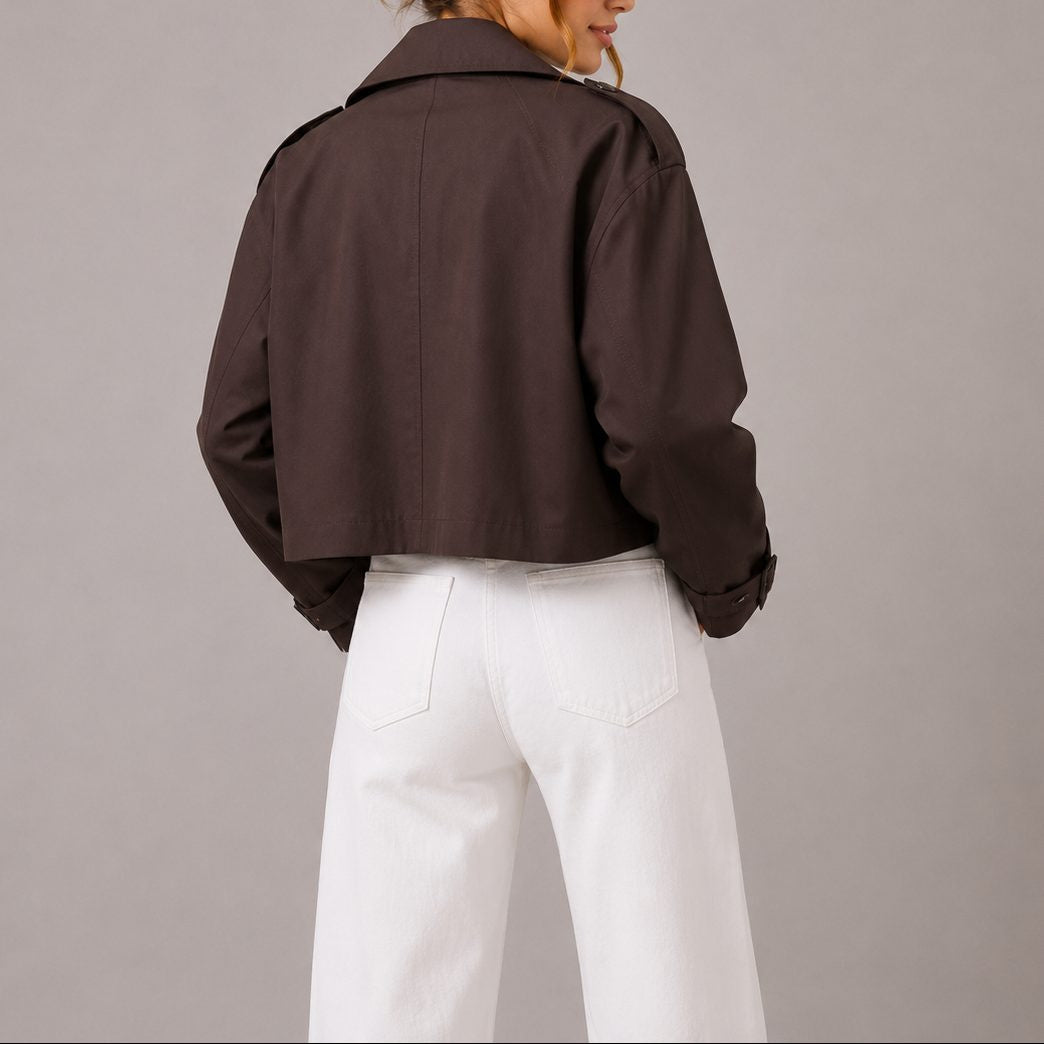 Cropped Double-Breasted Trench Jacket - Brown
