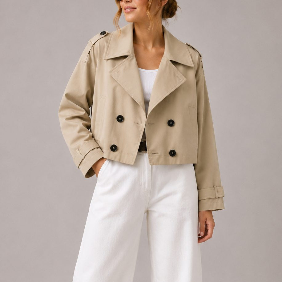 Cropped Double-Breasted Trench Jacket - Beige