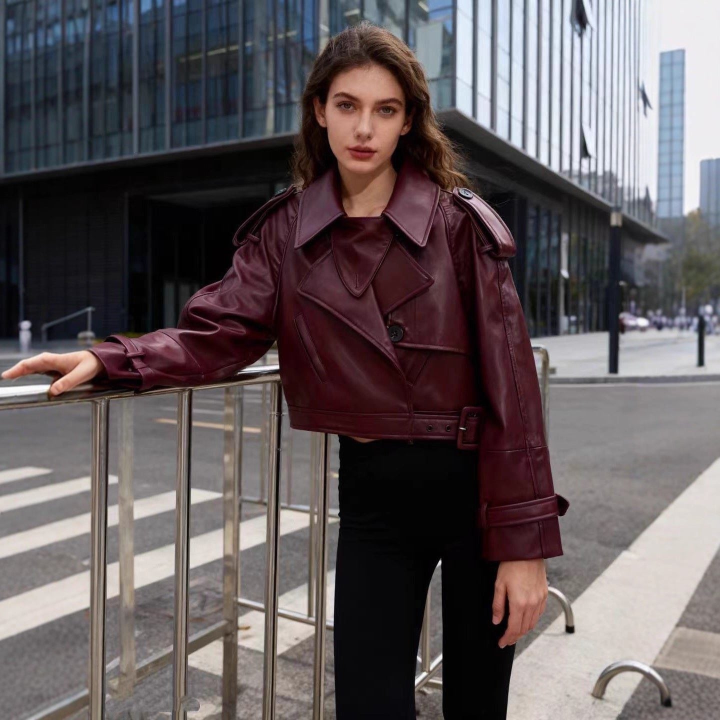 Cropped Leather-Look Trench Jacket with Buckled Belt - Burgundy