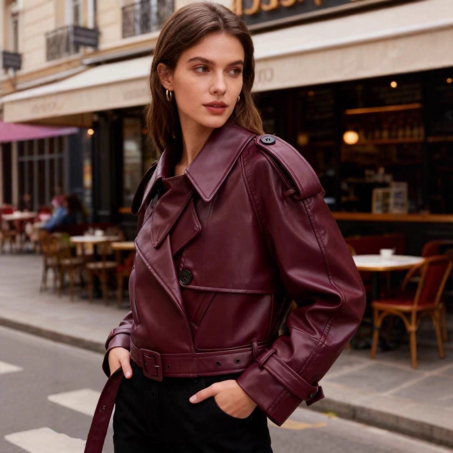 Cropped Leather-Look Trench Jacket with Buckled Belt - Burgundy
