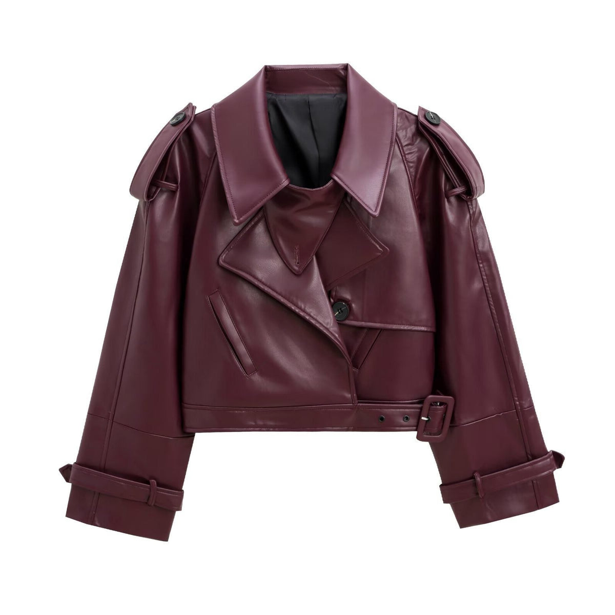 Cropped Leather-Look Trench Jacket with Buckled Belt - Burgundy