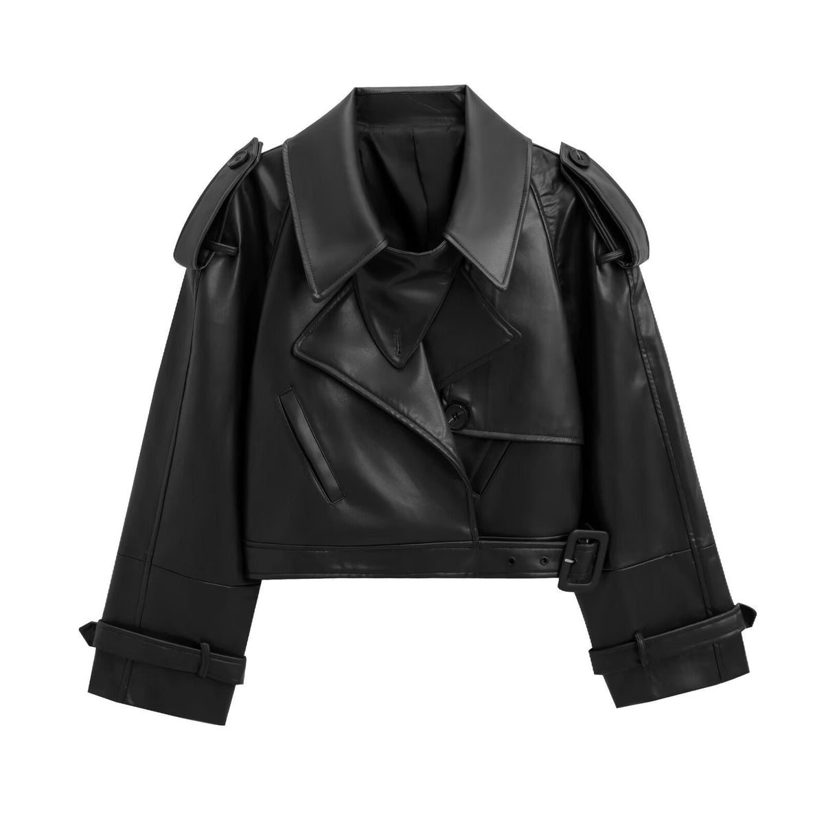 Cropped Leather-Look Trench Jacket with Buckled Belt - Black