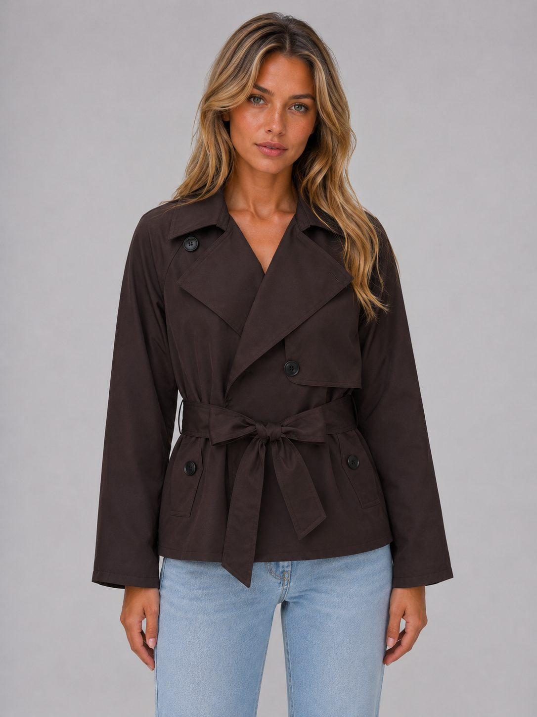 Cropped Double-Breasted Trench Jacket with Tie Waist - Brown
