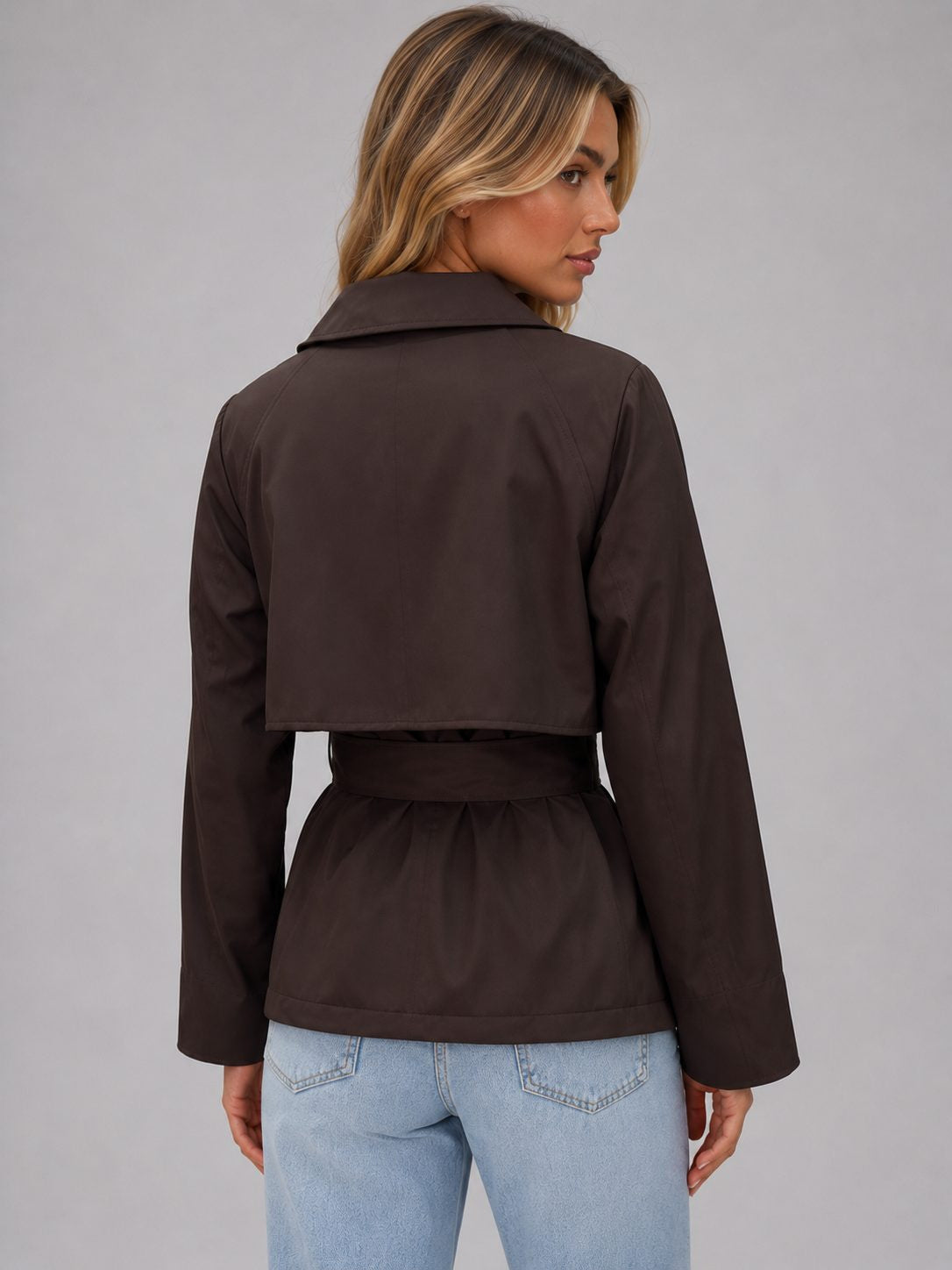 Cropped Double-Breasted Trench Jacket with Tie Waist - Brown