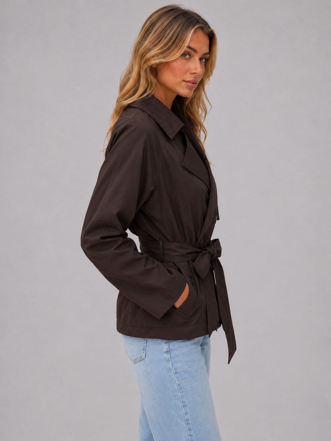 Cropped Double-Breasted Trench Jacket with Tie Waist - Brown