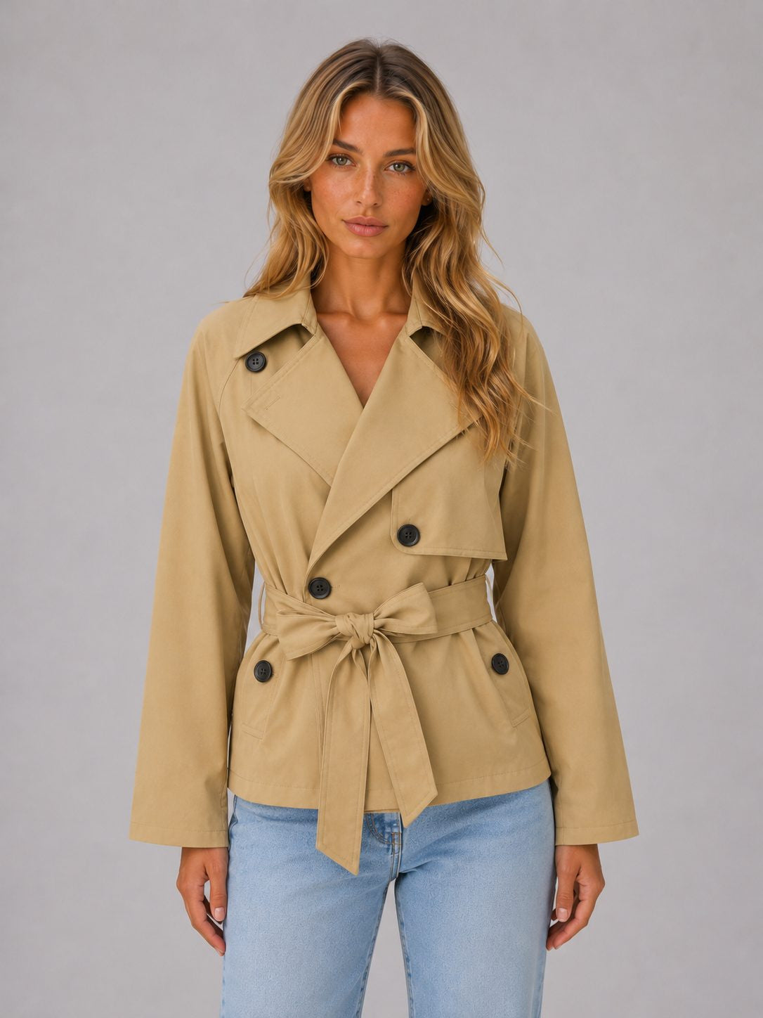 Cropped Double-Breasted Trench Jacket with Tie Waist - Beige