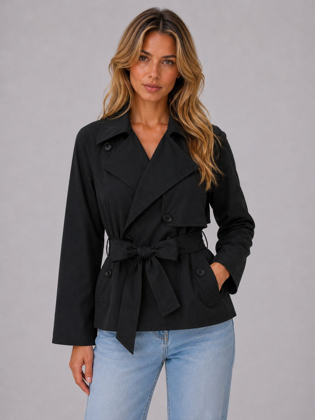 Cropped Double-Breasted Trench Jacket with Tie Waist - Black