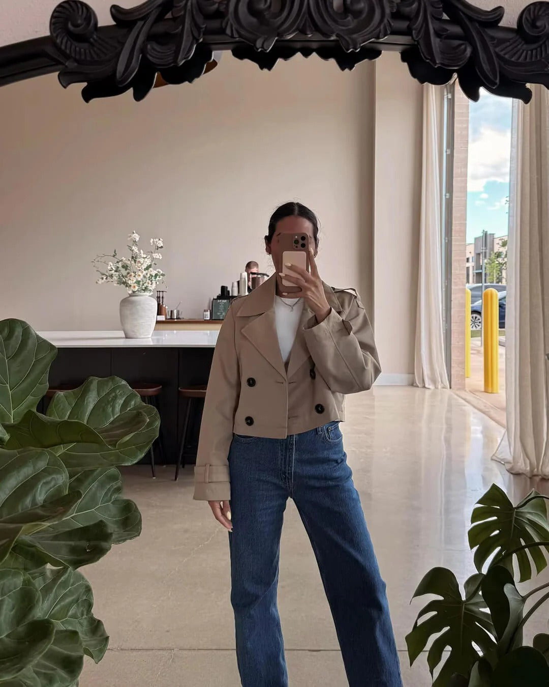 Cropped Trench Jacket with Shoulder Epaulettes - Khaki