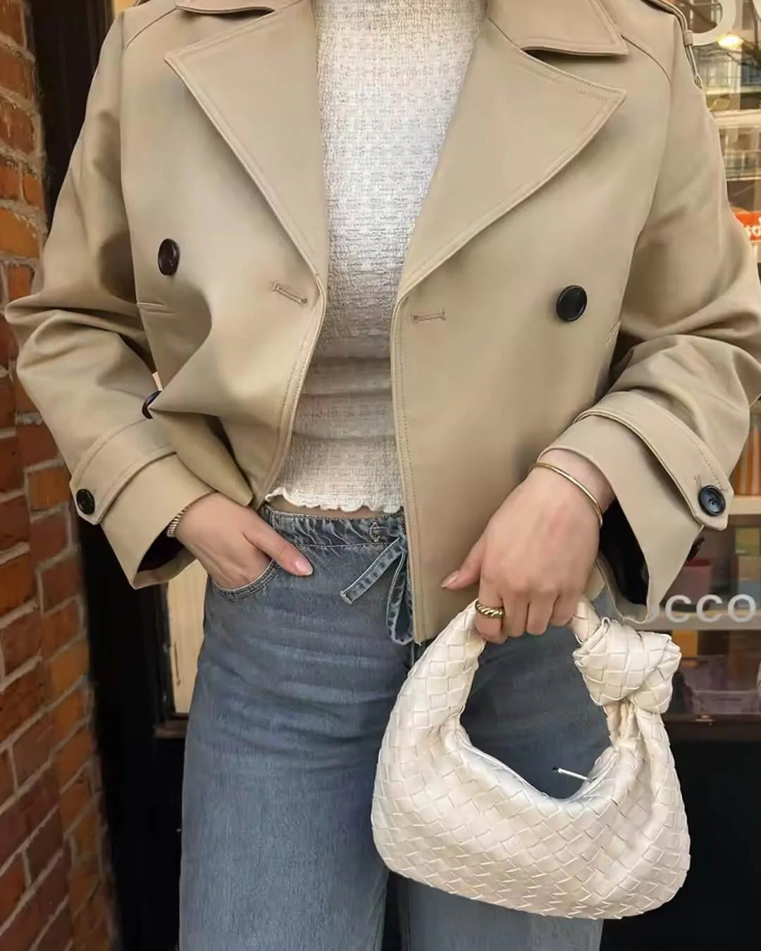 Cropped Trench Jacket with Shoulder Epaulettes - Khaki