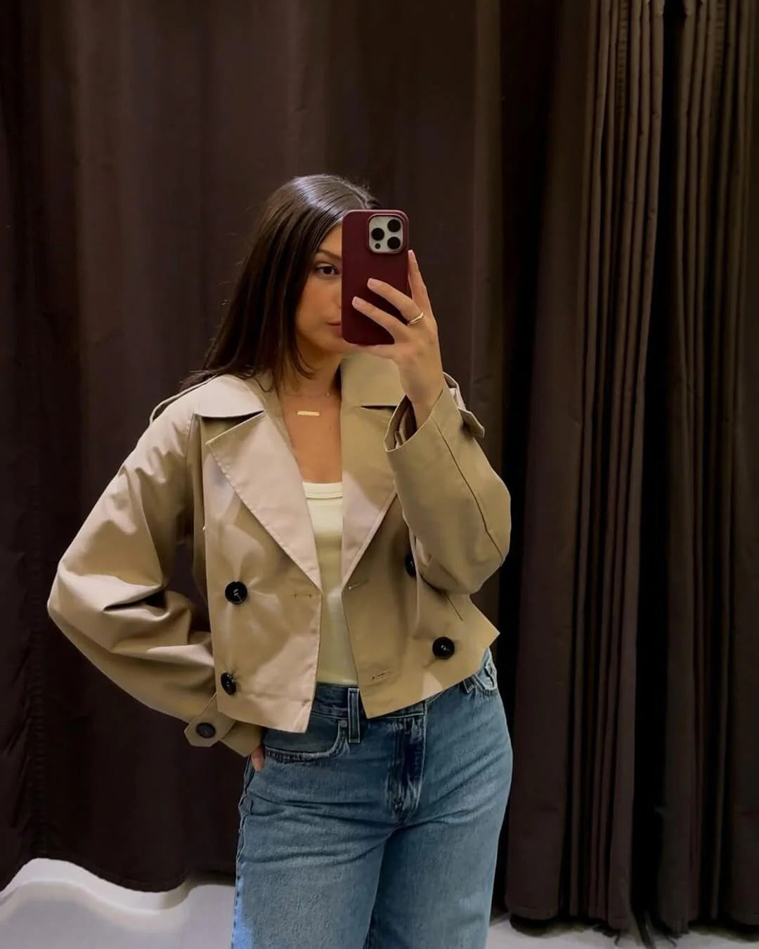Cropped Trench Jacket with Shoulder Epaulettes - Khaki