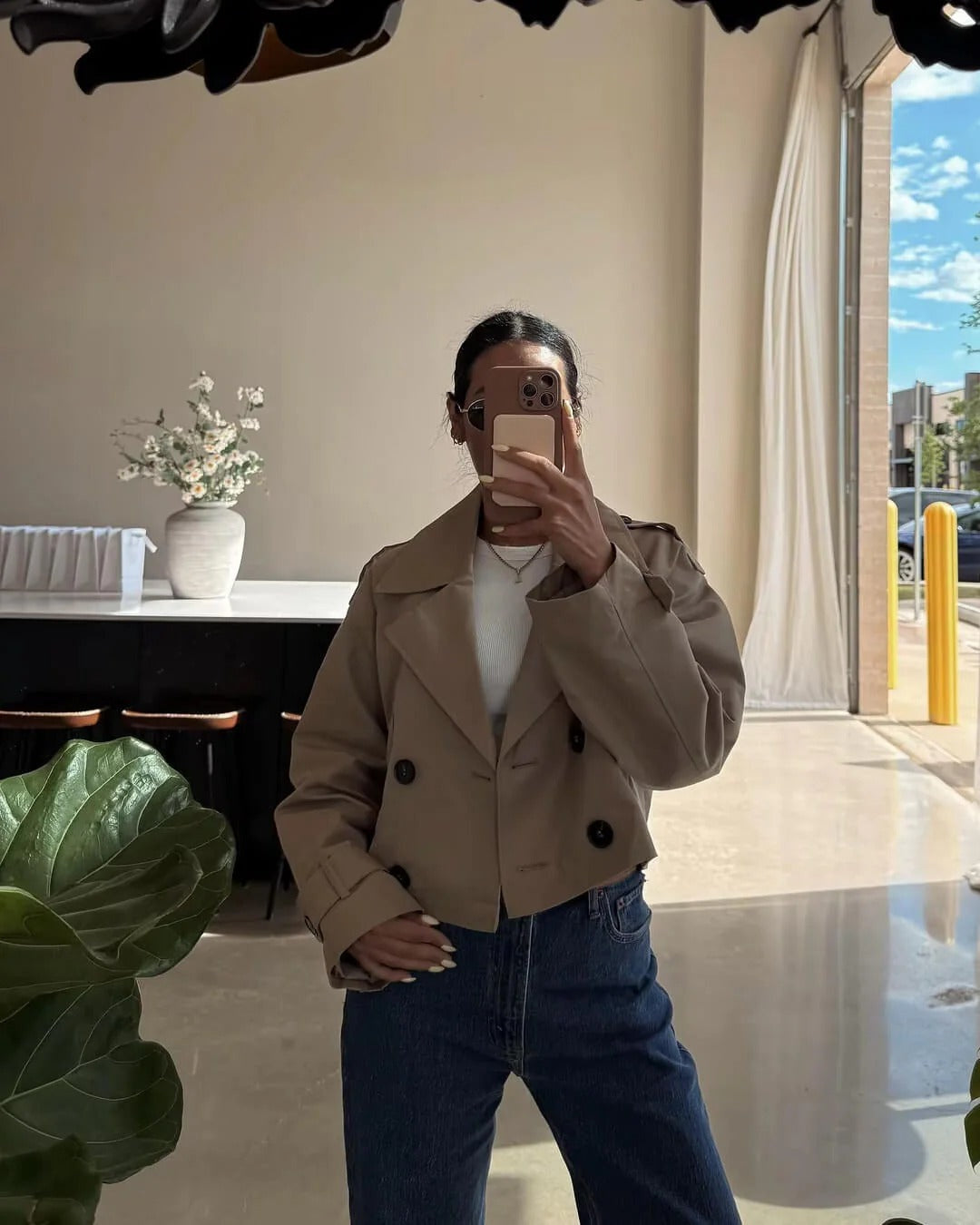 Cropped Trench Jacket with Shoulder Epaulettes - Khaki