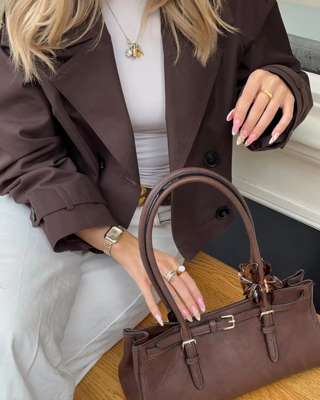 Cropped Trench Jacket with Shoulder Epaulettes - Coffee