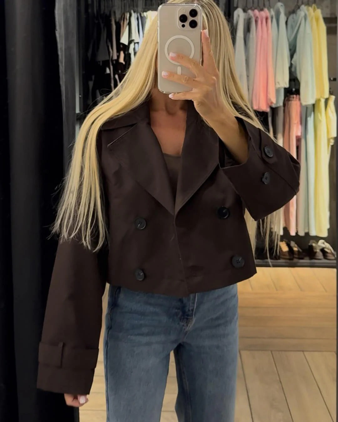 Cropped Trench Jacket with Shoulder Epaulettes - Coffee