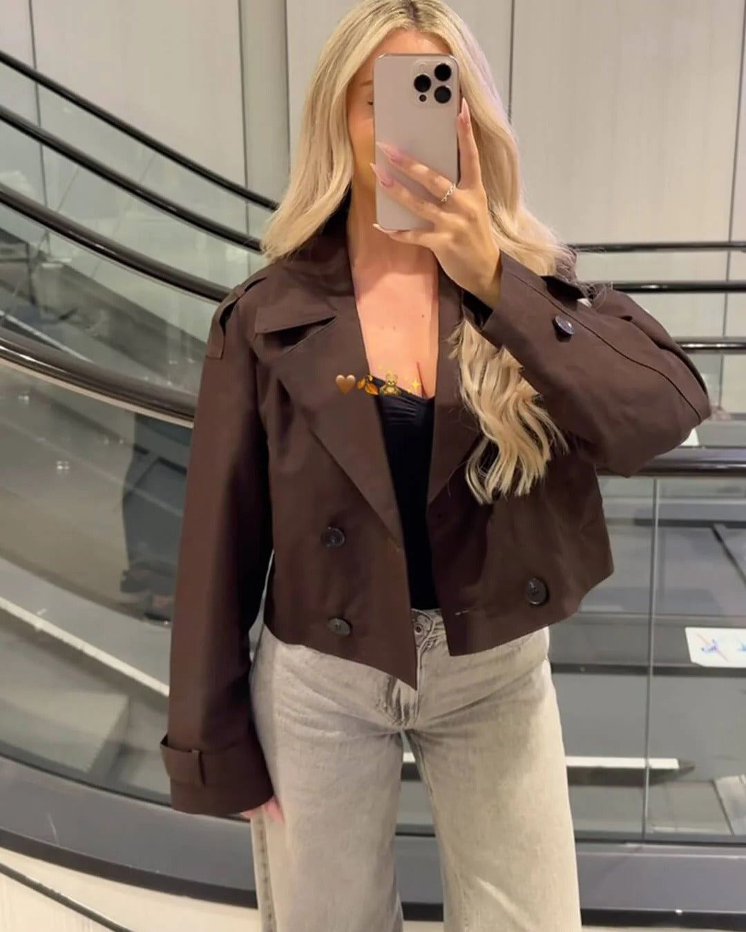 Cropped Trench Jacket with Shoulder Epaulettes - Coffee