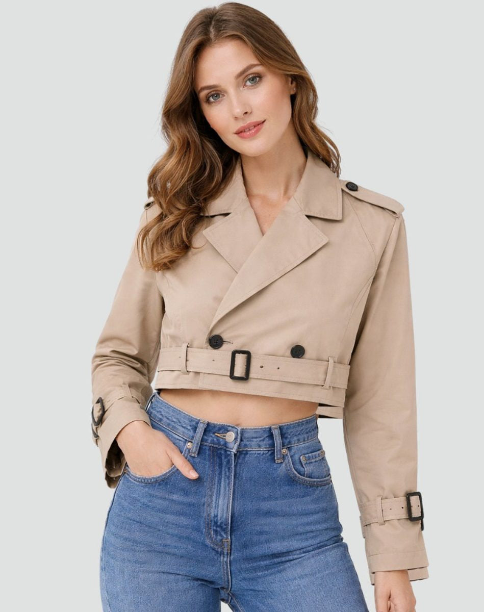 Cropped Trench Jacket with Wide Buckled Belt - Khaki